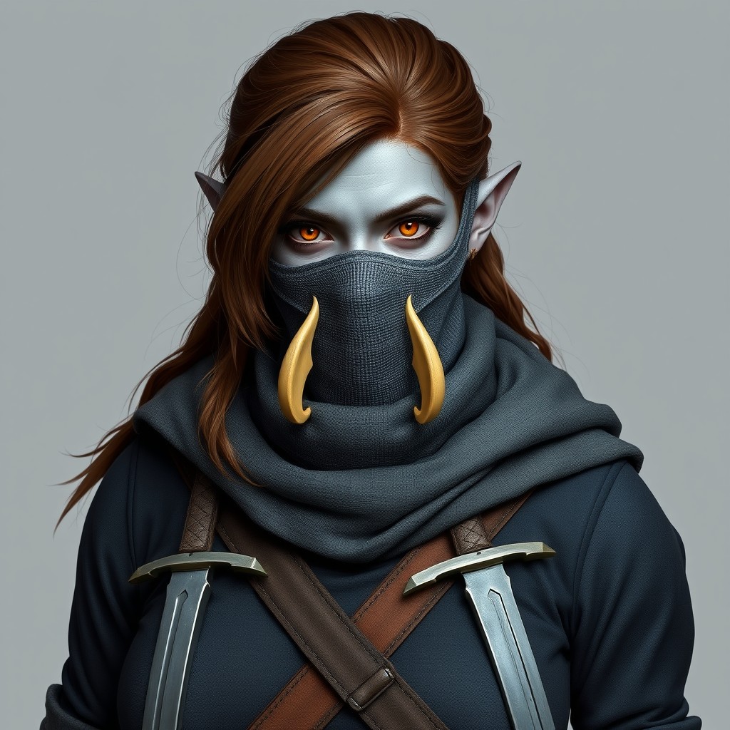 A female half-orc character for a Dungeons and Dragons world, standing tall at 195 cm and weighing 97 kg