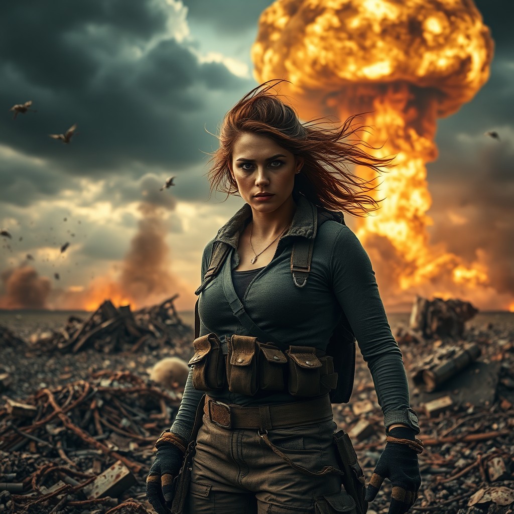 A dramatic and intense scene depicting the aftermath of a nuclear explosion, with a young woman standing amidst the ruins