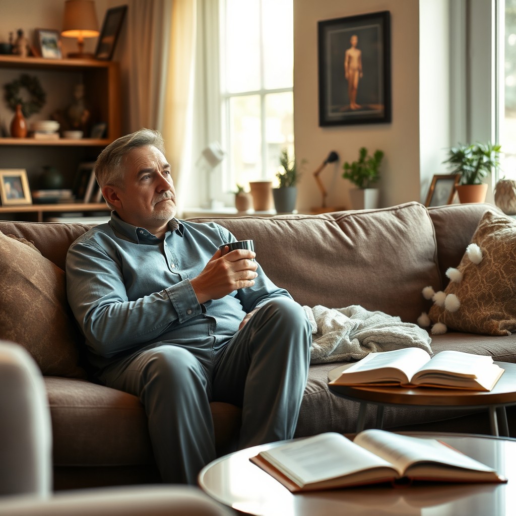 A contemplative man sitting comfortably on a cozy sofa in his living room, sipping coffee while reflecting on the significant events of his life that led to the realization of his dreams