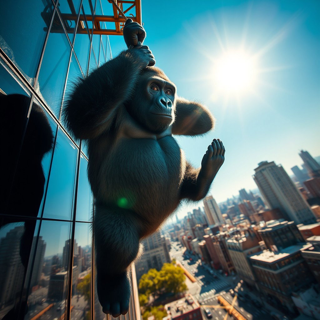 A gigantic gorilla suspended majestically from a skyscraper in New York City, gripping the metal structure with its powerful arms