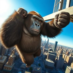 A gigantic gorilla suspended majestically from a skyscraper in New York City, gripping the metal structure with its powerful arms