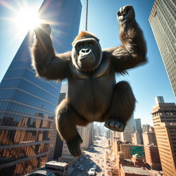 A gigantic gorilla suspended majestically from a skyscraper in New York City, gripping the metal structure with its powerful arms