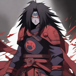 A stern, formidable anime character known as Madara Uchiha from the anime series Naruto. Wearing traditional samurai armor, his Sharingan eyes are powerful and glowing, his hair long and unkempt.