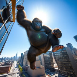 A gigantic gorilla suspended majestically from a skyscraper in New York City, gripping the metal structure with its powerful arms