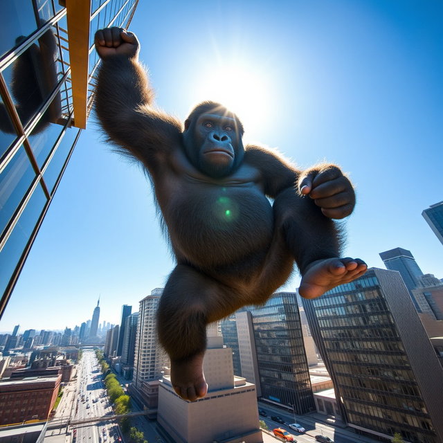 A gigantic gorilla suspended majestically from a skyscraper in New York City, gripping the metal structure with its powerful arms