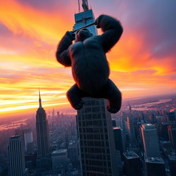 A giant gorilla suspended from the top of a skyscraper in New York City, captured from a distance to emphasize the dramatic scale of the scene