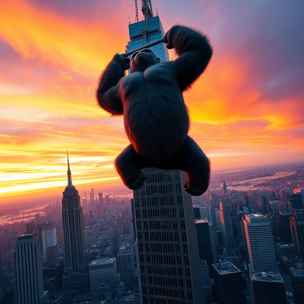 A giant gorilla suspended from the top of a skyscraper in New York City, captured from a distance to emphasize the dramatic scale of the scene