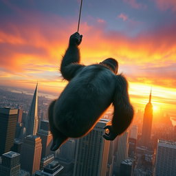 A giant gorilla suspended from the top of a skyscraper in New York City, captured from a distance to emphasize the dramatic scale of the scene