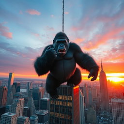 A giant gorilla suspended from the top of a skyscraper in New York City, captured from a distance to emphasize the dramatic scale of the scene