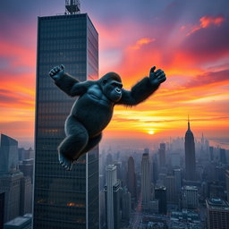 A giant gorilla suspended from the top of a skyscraper in New York City, captured from a distance to emphasize the dramatic scale of the scene