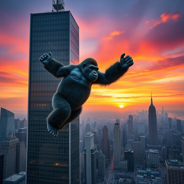 A giant gorilla suspended from the top of a skyscraper in New York City, captured from a distance to emphasize the dramatic scale of the scene