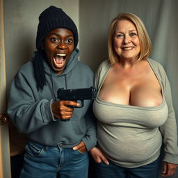 In a poor room, a young African woman, 19 years old with very dark skin, is holding a Glock pistol, her eyes wide open in a mix of panic and madness