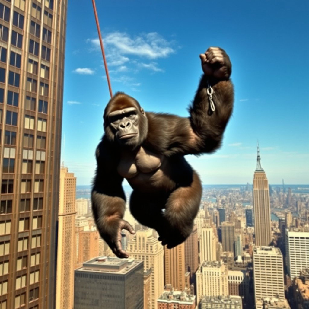 A giant gorilla suspended at the top of a skyscraper in New York, viewed from a distance