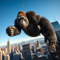 A giant gorilla suspended at the top of a skyscraper in New York, viewed from a distance