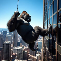 A giant gorilla suspended at the top of a skyscraper in New York, viewed from a distance