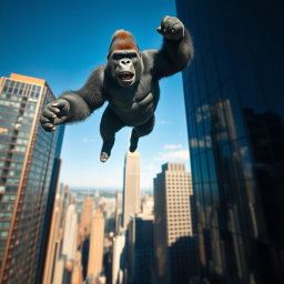 A giant gorilla suspended at the top of a skyscraper in New York, viewed from a distance