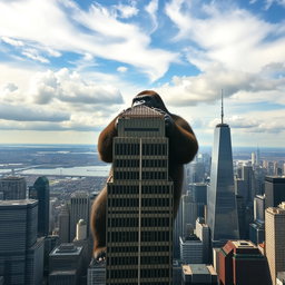 A giant gorilla holding the top of a skyscraper in New York City, viewed from a distance
