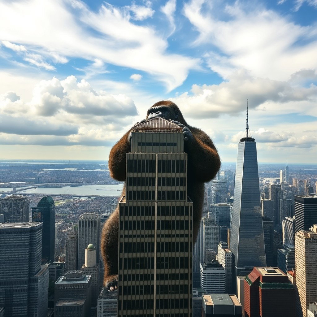 A giant gorilla holding the top of a skyscraper in New York City, viewed from a distance
