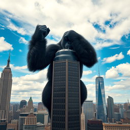 A giant gorilla holding the top of a skyscraper in New York City, viewed from a distance