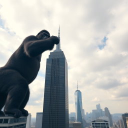 A giant gorilla holding the top of a skyscraper in New York City, viewed from a distance