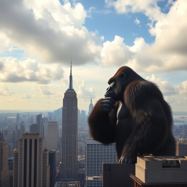 A giant gorilla holding the top of a skyscraper in New York City, viewed from a distance