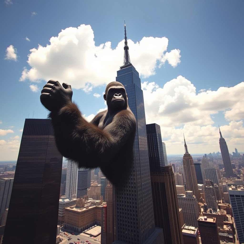 A colossal gorilla gripping the top of a skyscraper in New York City, viewed from a distance, showcasing the city's iconic skyline