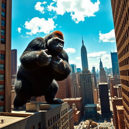 A colossal gorilla gripping the top of a skyscraper in New York City, viewed from a distance, showcasing the city's iconic skyline