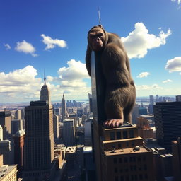A colossal gorilla gripping the top of a skyscraper in New York City, viewed from a distance, showcasing the city's iconic skyline