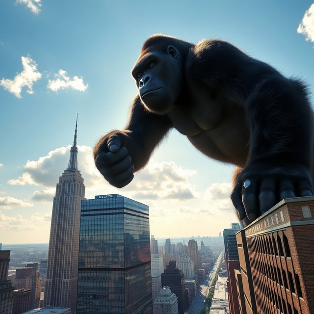 A colossal gorilla gripping the top of a skyscraper in New York City, viewed from a distance, showcasing the city's iconic skyline