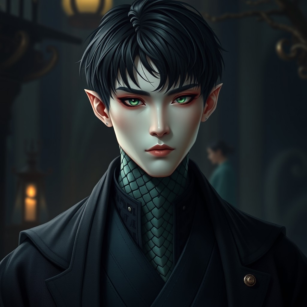 A male yuan-ti pureblood with short black hair and distinctive scales on his neck, dressed in elegant robes with a deep collar that adds to his mysterious aura