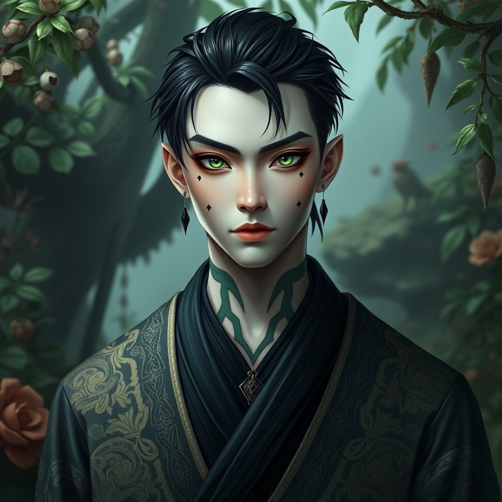 A male yuan-ti pureblood with short black hair and small patches of black scales adorning his neck, dressed in ornate robes with a lower collar that enhances his enigmatic presence