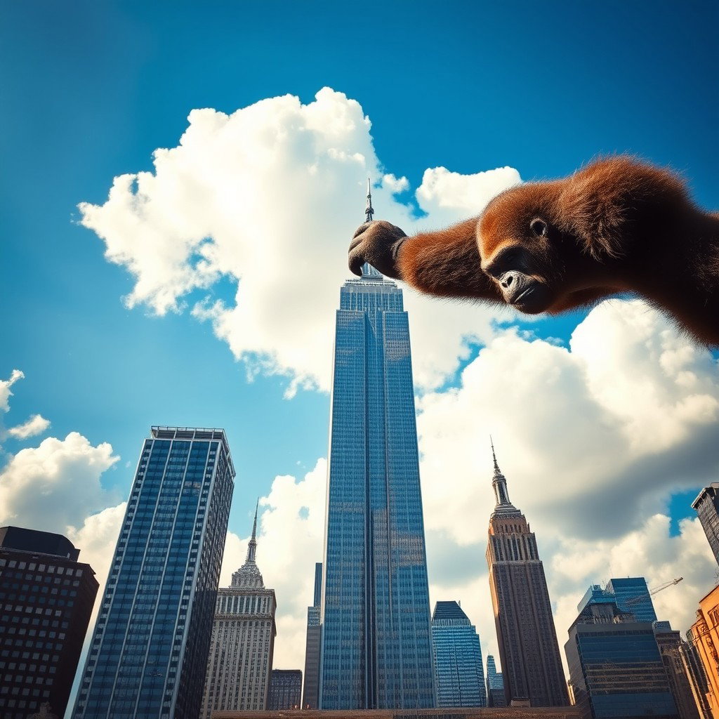 A giant gorilla holding the top of a skyscraper in New York, viewed from a distance