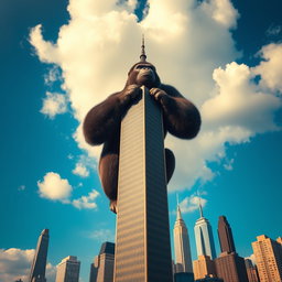 A giant gorilla holding the top of a skyscraper in New York, viewed from a distance