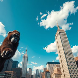 A giant gorilla holding the top of a skyscraper in New York, viewed from a distance