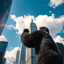 A giant gorilla holding the top of a skyscraper in New York, viewed from a distance