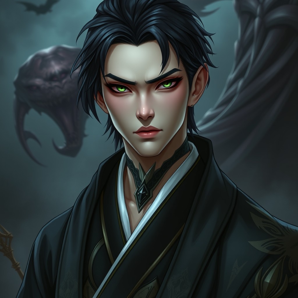 A male yuan-ti pureblood featuring short black hair and small patches of black scales on his neck, dressed in elegant robes with a lower collar that accentuates his more mature and sharper facial features