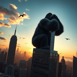 A giant gorilla gripping the top of a skyscraper in New York City, viewed from a distance