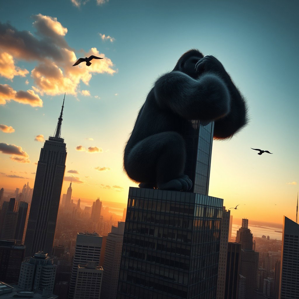 A giant gorilla gripping the top of a skyscraper in New York City, viewed from a distance