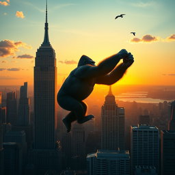 A giant gorilla gripping the top of a skyscraper in New York City, viewed from a distance