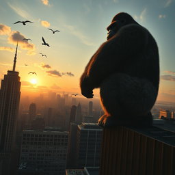 A giant gorilla gripping the top of a skyscraper in New York City, viewed from a distance