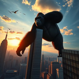 A giant gorilla gripping the top of a skyscraper in New York City, viewed from a distance