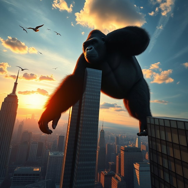 A giant gorilla gripping the top of a skyscraper in New York City, viewed from a distance