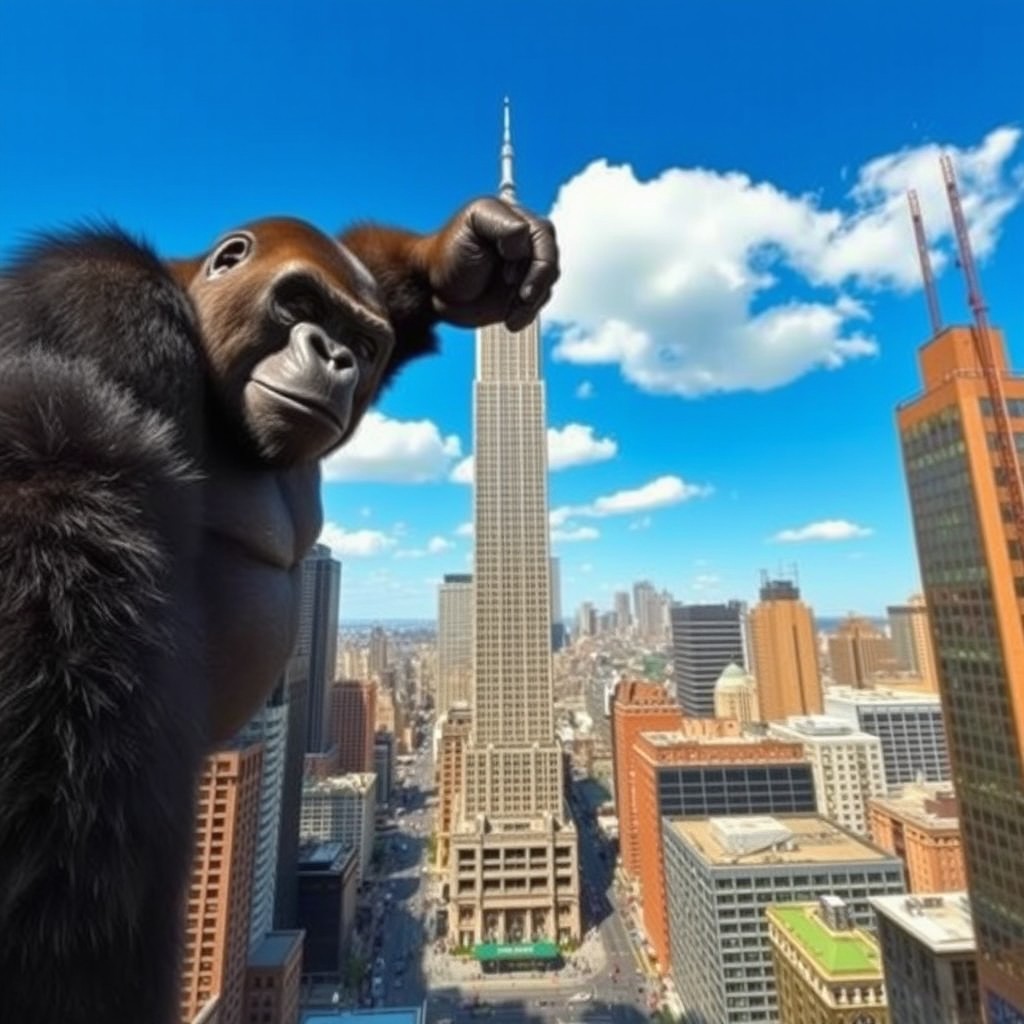 A giant gorilla holding the top of a skyscraper in New York City, capturing the perspective of the scene from a distance