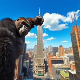 A giant gorilla holding the top of a skyscraper in New York City, capturing the perspective of the scene from a distance
