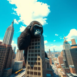 A giant gorilla holding the top of a skyscraper in New York City, capturing the perspective of the scene from a distance