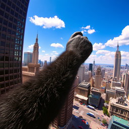 A giant gorilla holding the top of a skyscraper in New York City, capturing the perspective of the scene from a distance