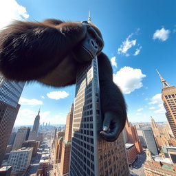A giant gorilla holding the top of a skyscraper in New York City, capturing the perspective of the scene from a distance