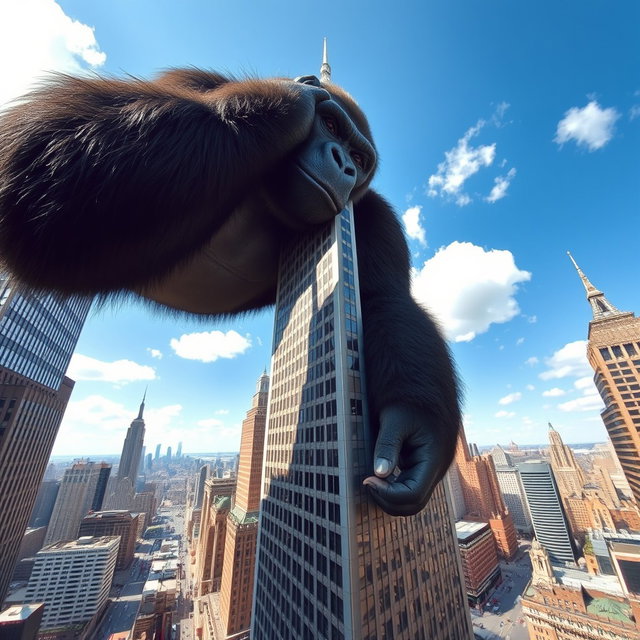 A giant gorilla holding the top of a skyscraper in New York City, capturing the perspective of the scene from a distance