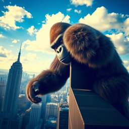 A giant gorilla holding the top of a skyscraper in New York City, depicted from a distance