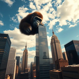 A giant gorilla holding the top of a skyscraper in New York City, depicted from a distance
